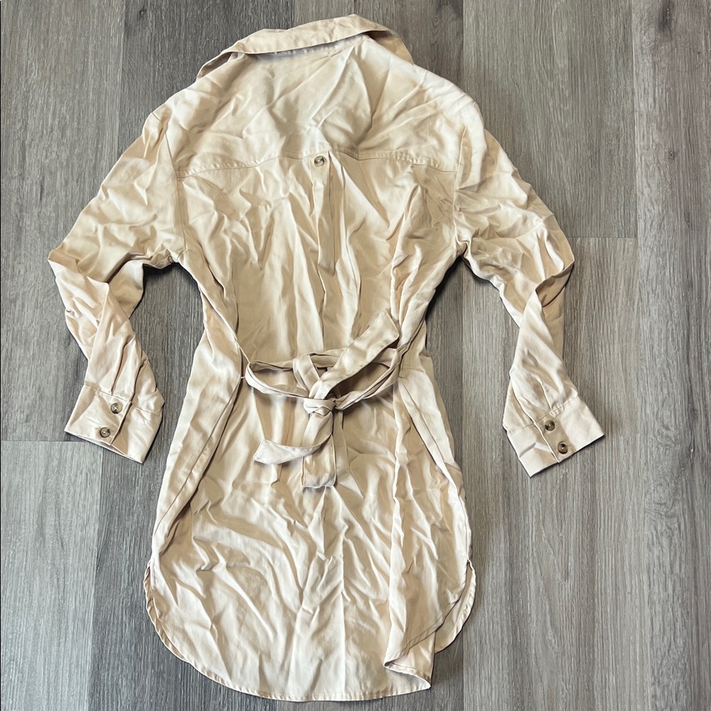 Bershka Beige Stone Fitted Waist Long Sleeve Shirt Dress XS Tie Back Button Down - Picture 5 of 6